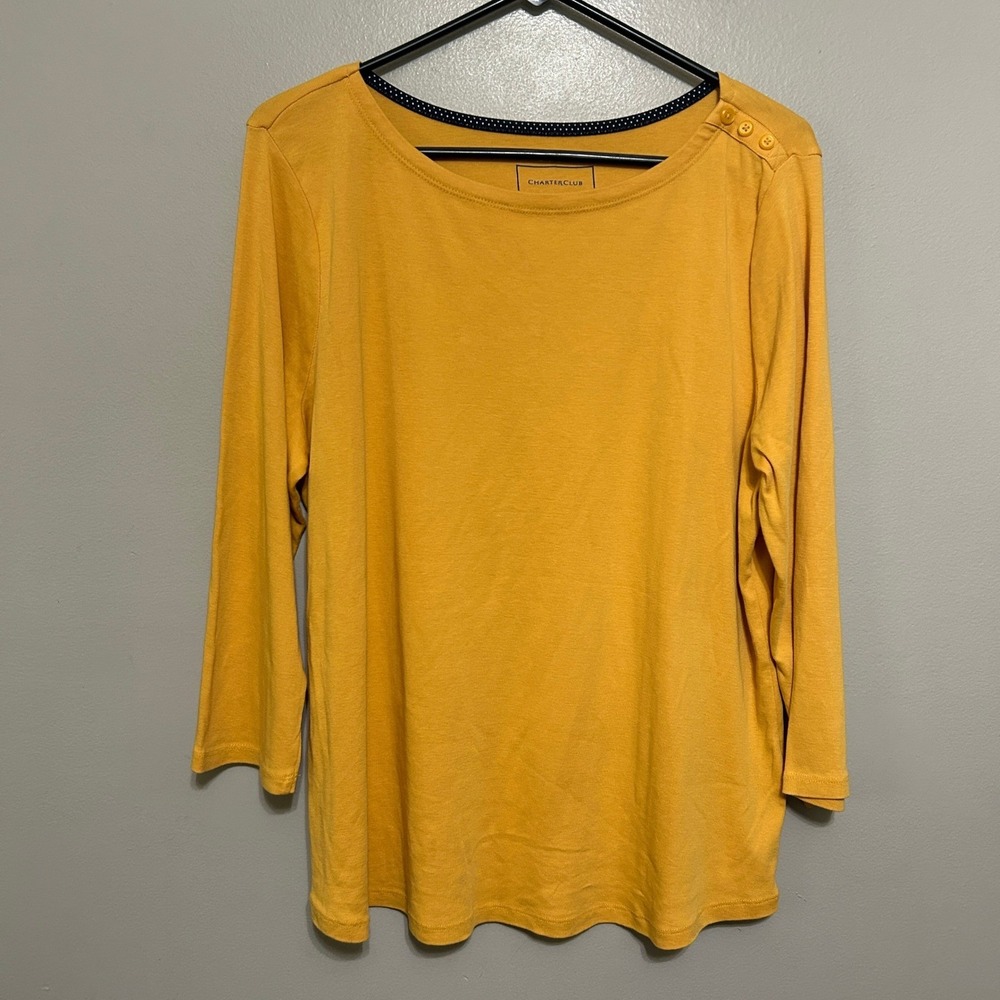 Charter Club Top Women XL Yellow 3/4 Sleeve Pima Cotton Preppy Round Neck Fall